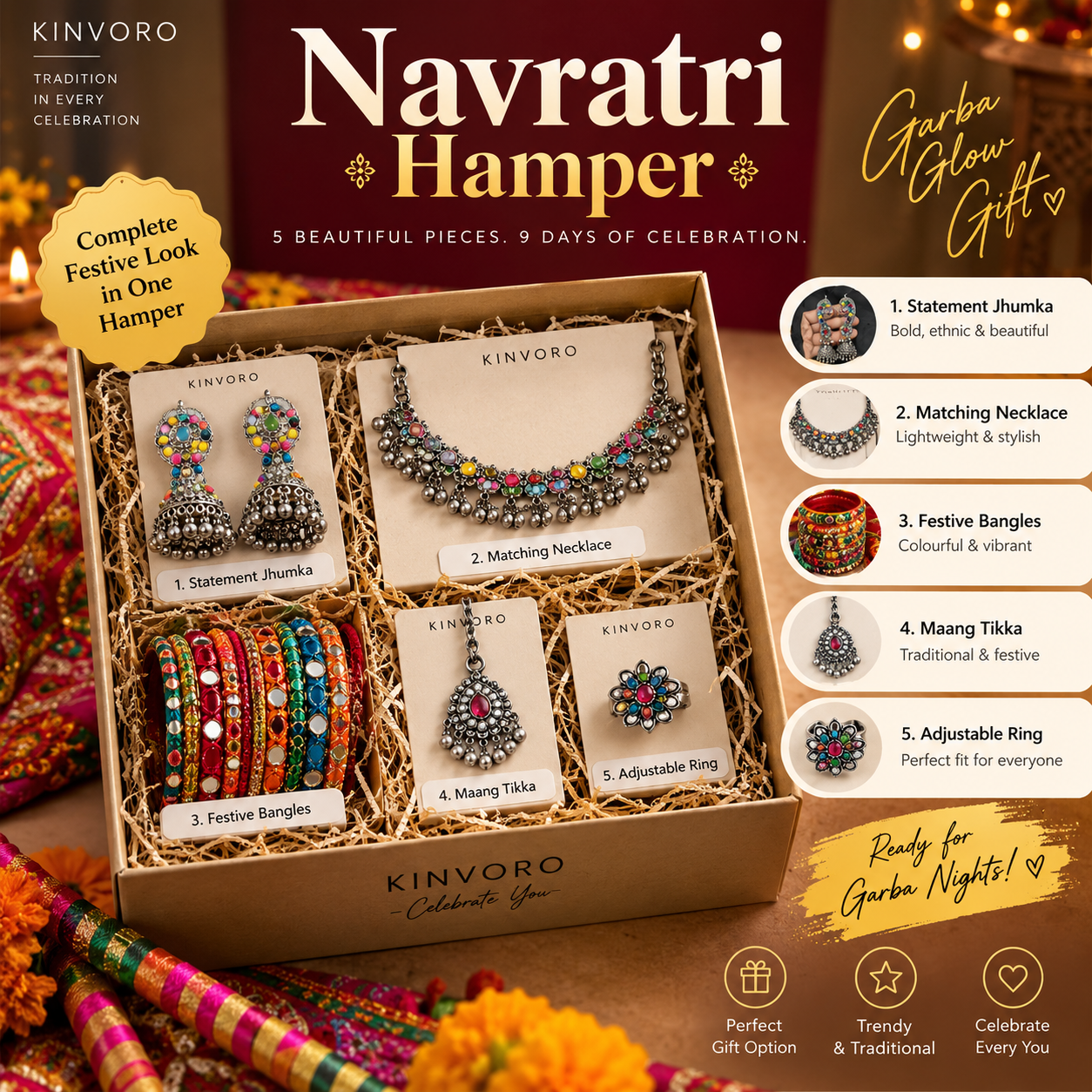 KINVORO Navratri Look Kit - 5 piece Garba jewellery combo